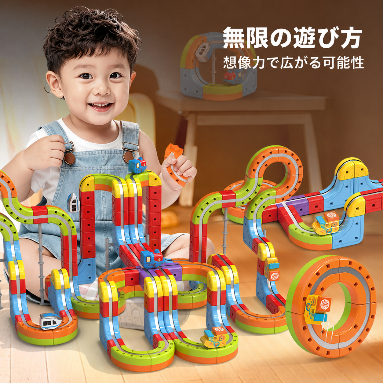 磁石レールトレインで組み上げた大きな立体コースと笑顔の子ども