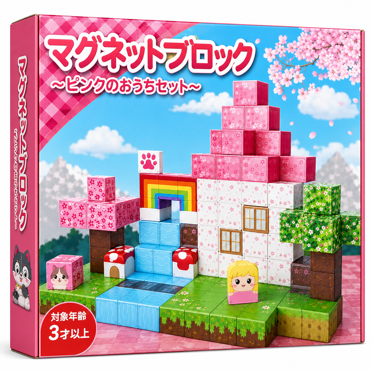 マグネットブロック「ピンクのおうちセット」のパッケージ（対象年齢3才以上）