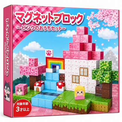 マグネットブロック「ピンクのおうちセット」のパッケージ（対象年齢3才以上）