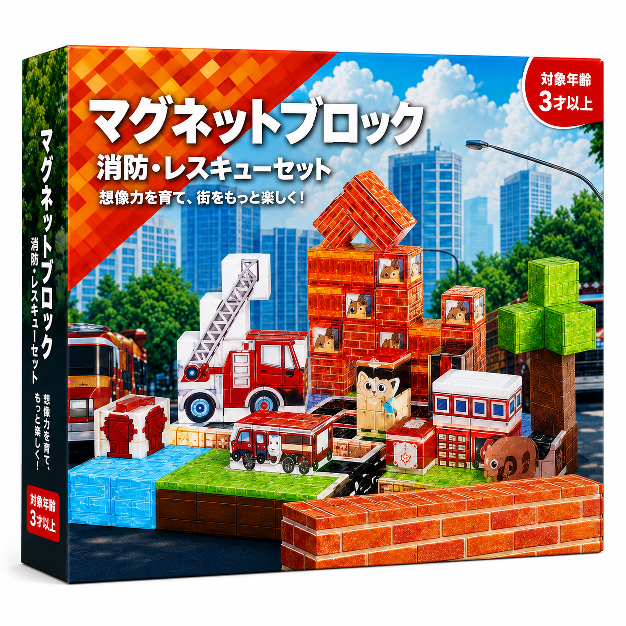 マグネットブロック「消防・レスキューセット」のパッケージ（対象年齢3才以上）