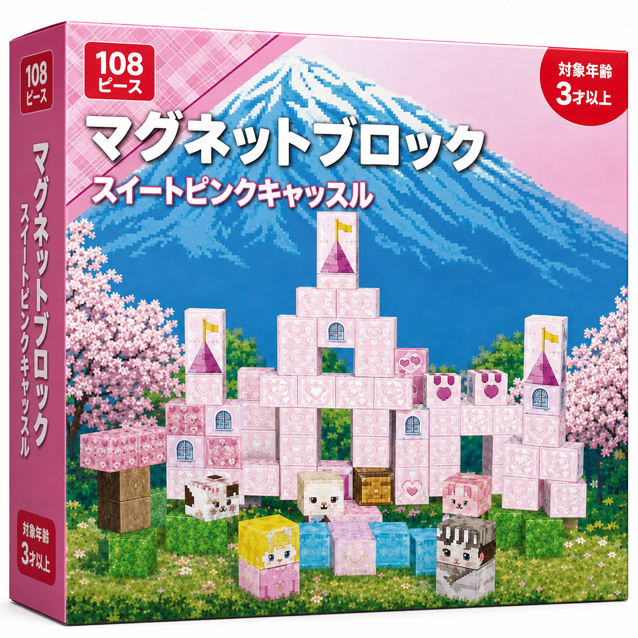 マグネットブロック「スイートピンクキャッスル」のパッケージ（対象年齢3才以上）