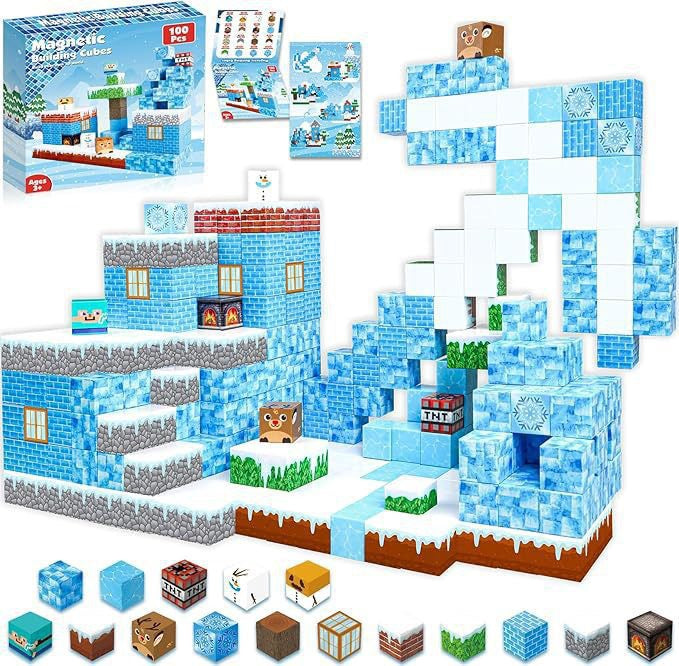 知育マグネットブロック「氷雪のせかい」100ピースの完成例とパーツ一覧